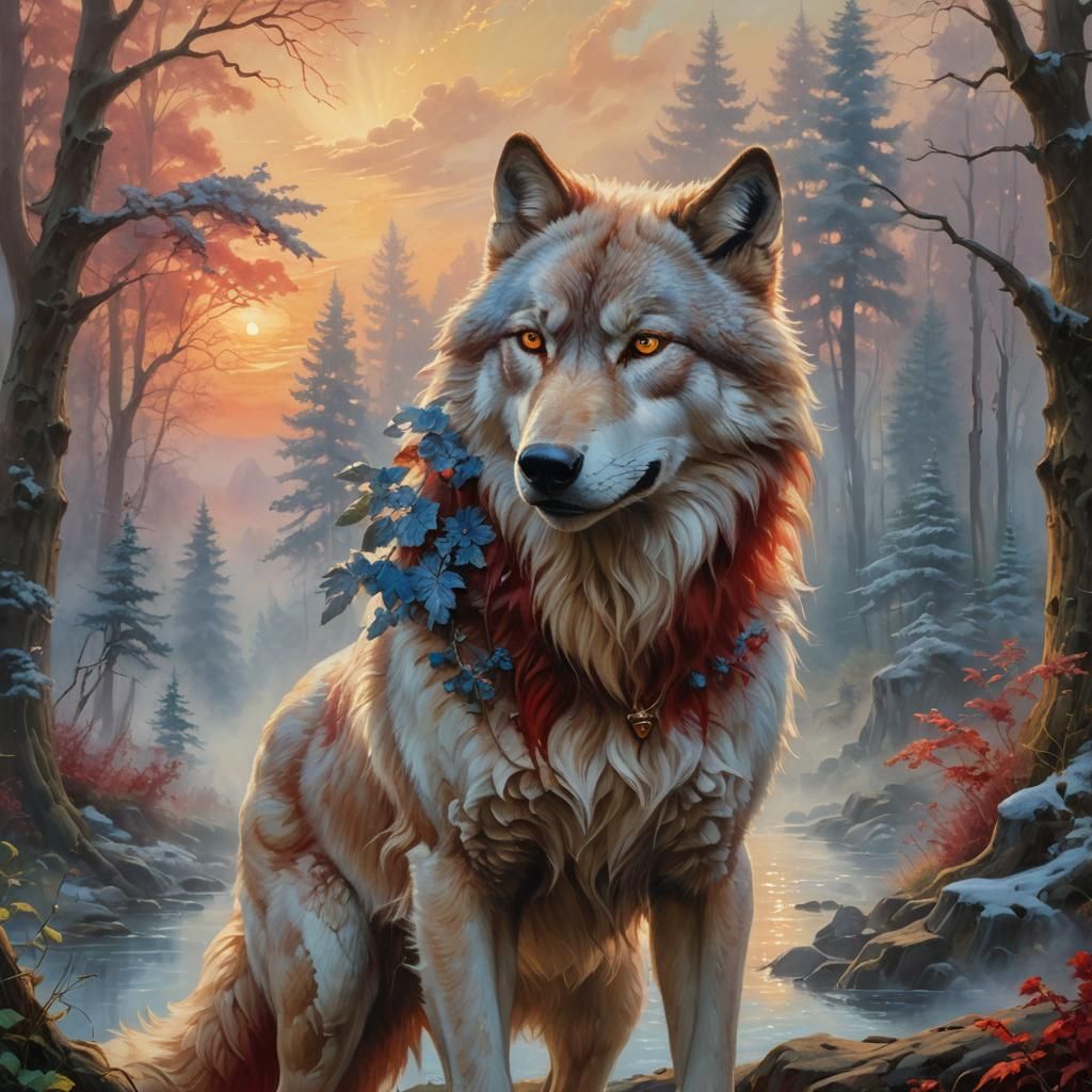 Blood Red She-Wolf in Sunset Light: Fantasy Oil Painting