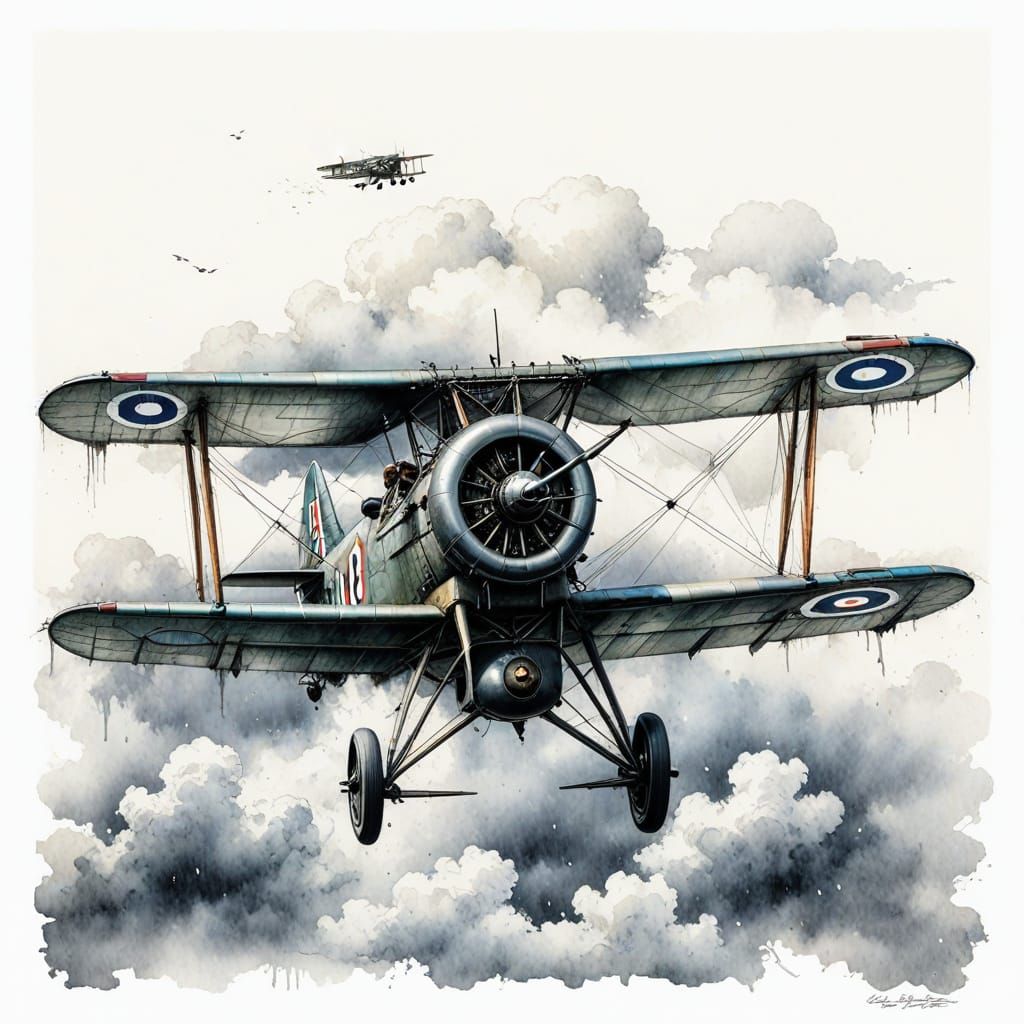 Surreal Biplane Reveals Stormy Sky in Aquarelle Watercolor