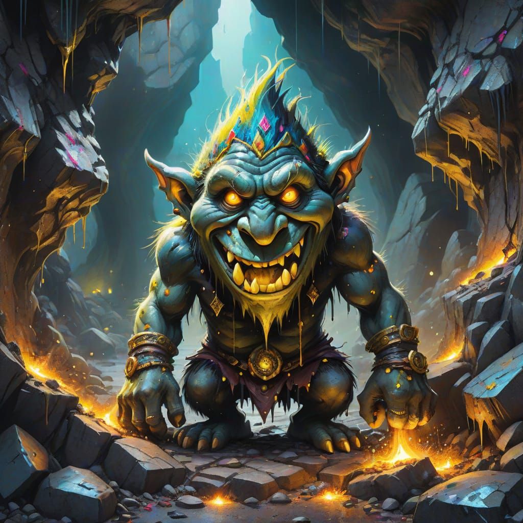 Graffiti Troll Guarding a Neon Crystal Cave