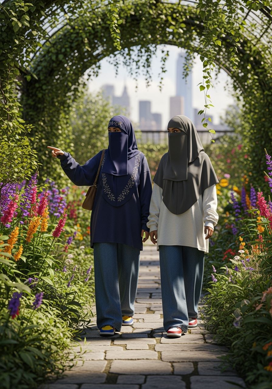 Niqabi Women Explore Botanic Garden in Digital Art