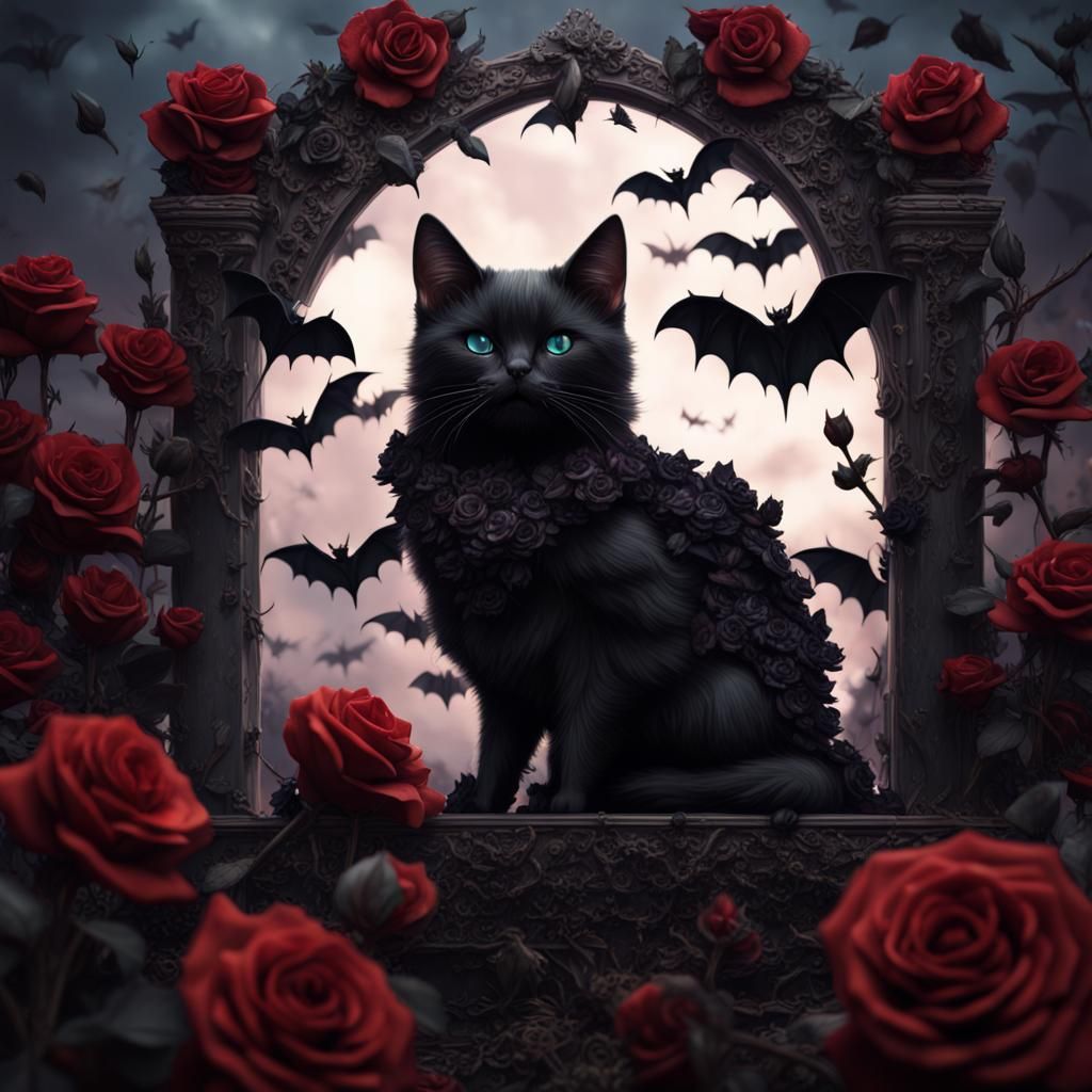 Gothic Bat-Cat Among Black Roses