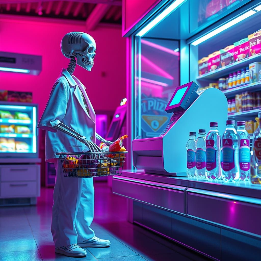 Skeleton Shopper in Retro-Futuristic Supermarket
