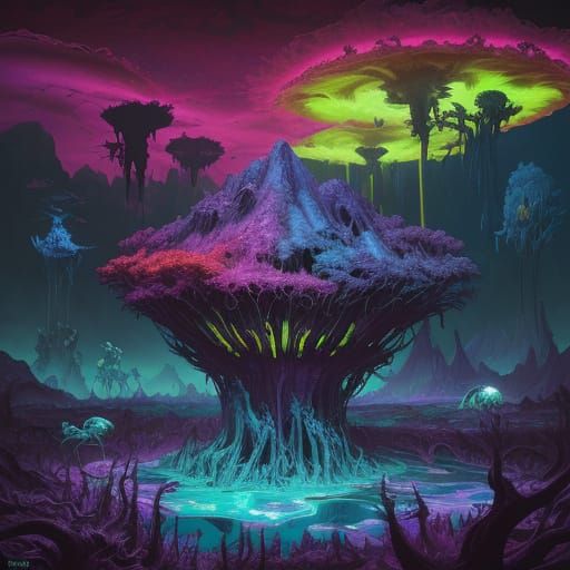 Cosmic Realm: Bizarre Exoplanet Creatures in a Surreal, Neon...