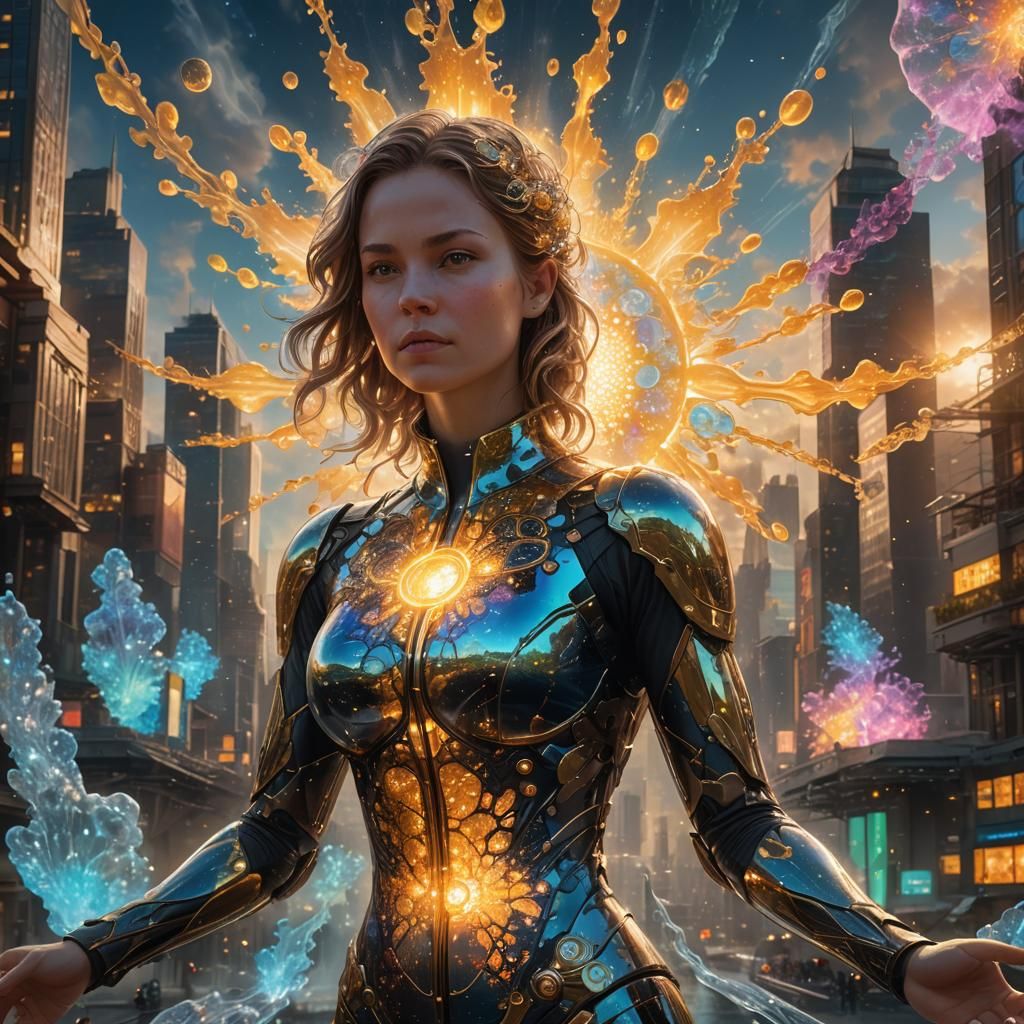 Hyperrealistic Atomic Woman in Holographic Cityscape