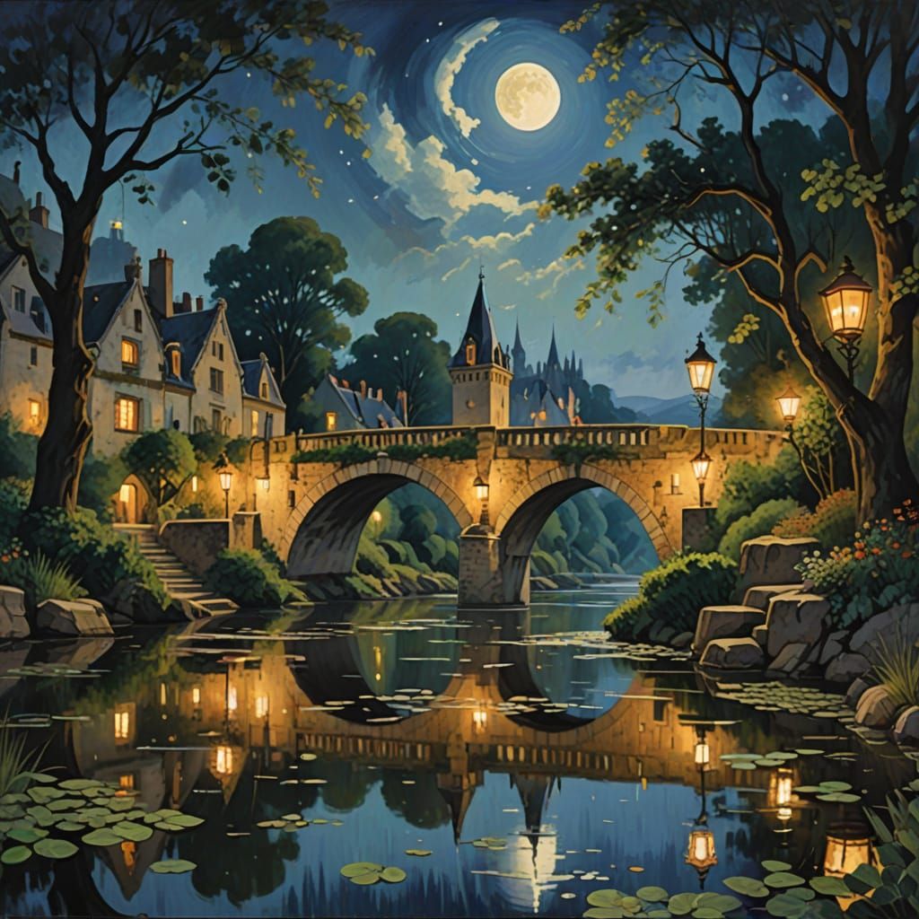 Ancient Stone Bridge Under Ethereal Summer Glow