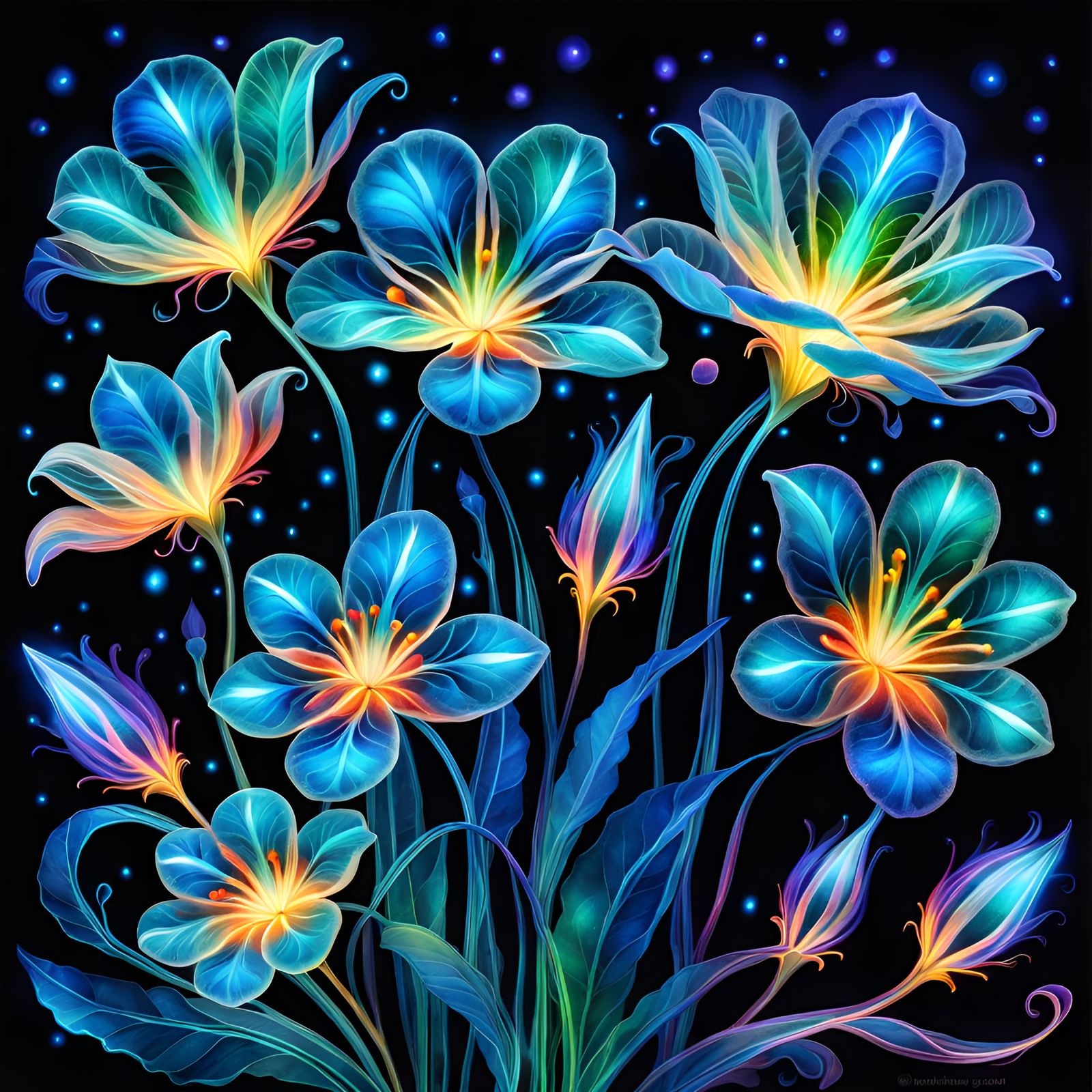Bioluminescent Fantasy Flowers in Watercolor Style