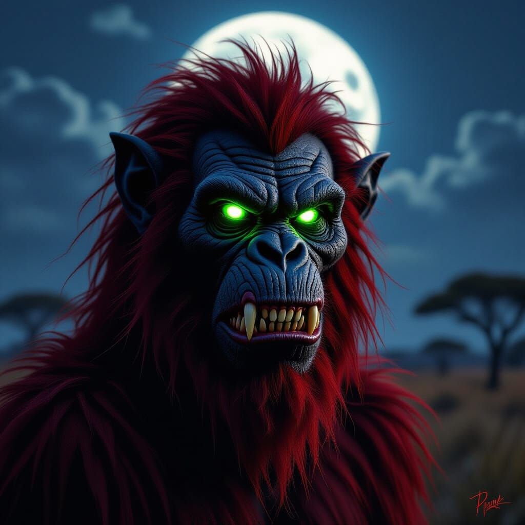 Photorealistic Australopithecus Vampire in Moonlit Savanna