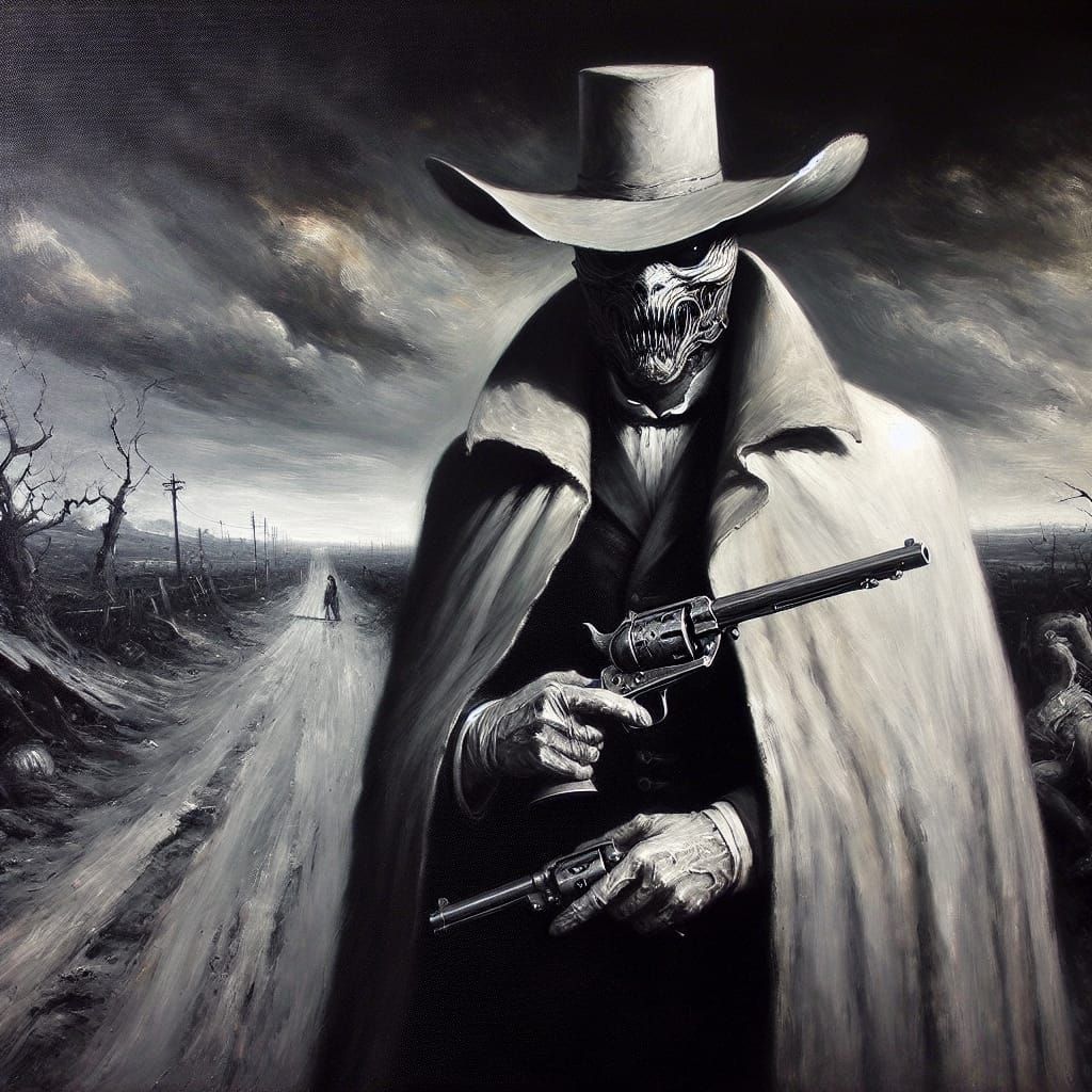 Gothic Gunslinger in Post-Apocalyptic Landscape