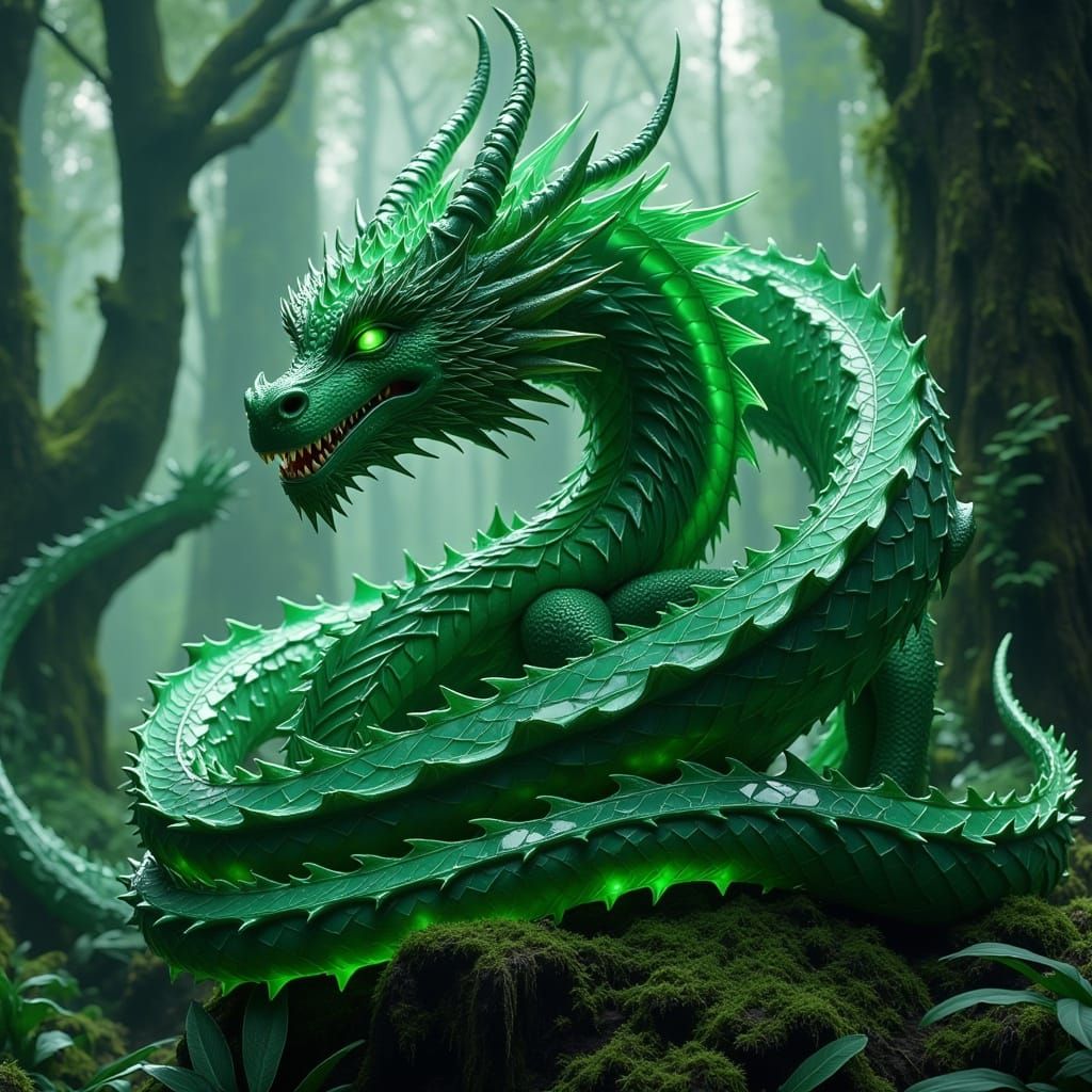 Emerald Dragon in Fantasy Landscape