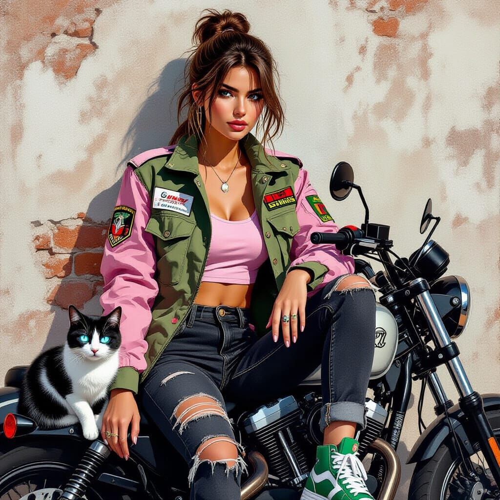 Woman with Cat on Motorcycle, Hyper-Realistic Style