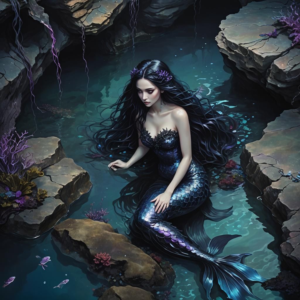 Gothic Mermaid in Dark Ocean Cave: Digital Art