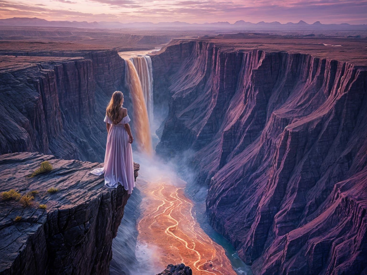 Majestic Waterfall in a Dreamlike Purple Landscape