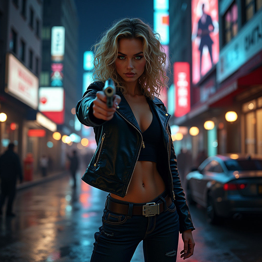 Cyberpunk Woman with Revolver in Neon Cityscape