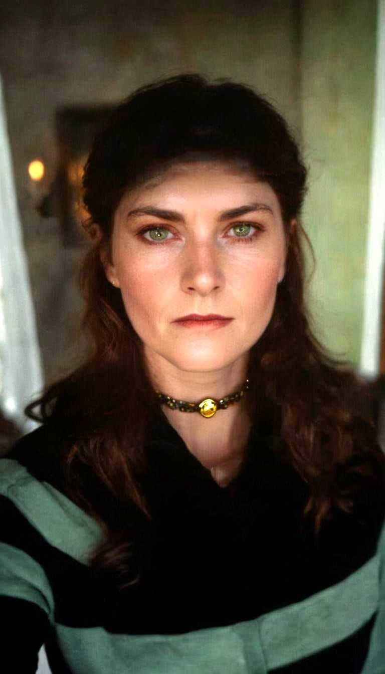 Portrait of a Woman with Green Eyes and Red Necklace