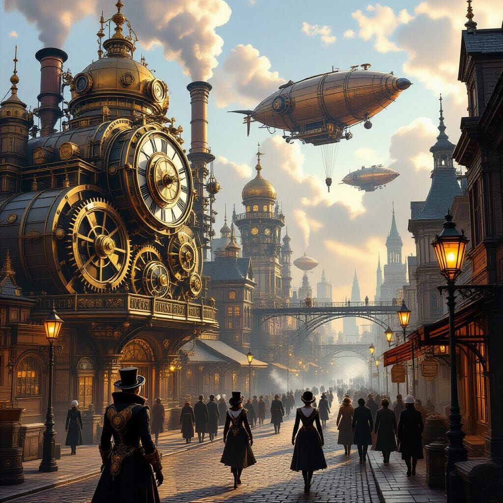 Steampunk Cityscape with Clockwork and Airships