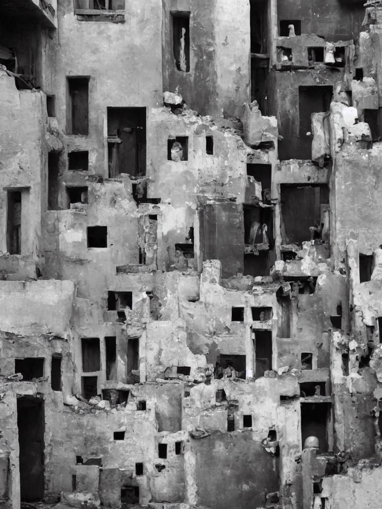 Monochrome Photo: Concrete Doorways Filled with Women