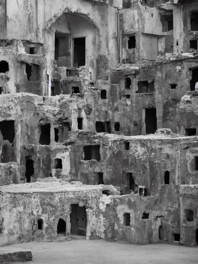 Monochrome Photo: Concrete Doorways and Piled Women