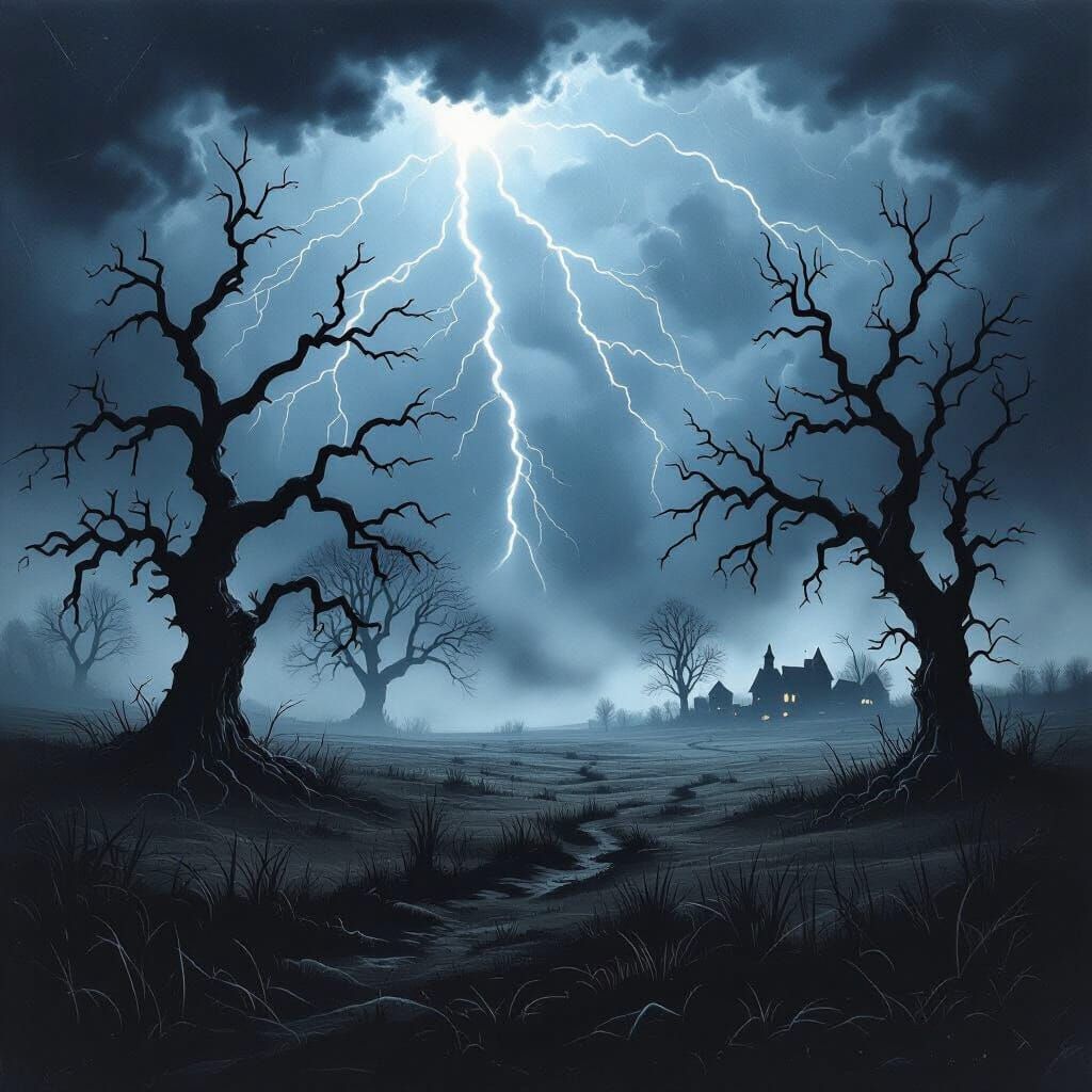 2D Horror Art: Stormy Night with Creepy Fog and Village