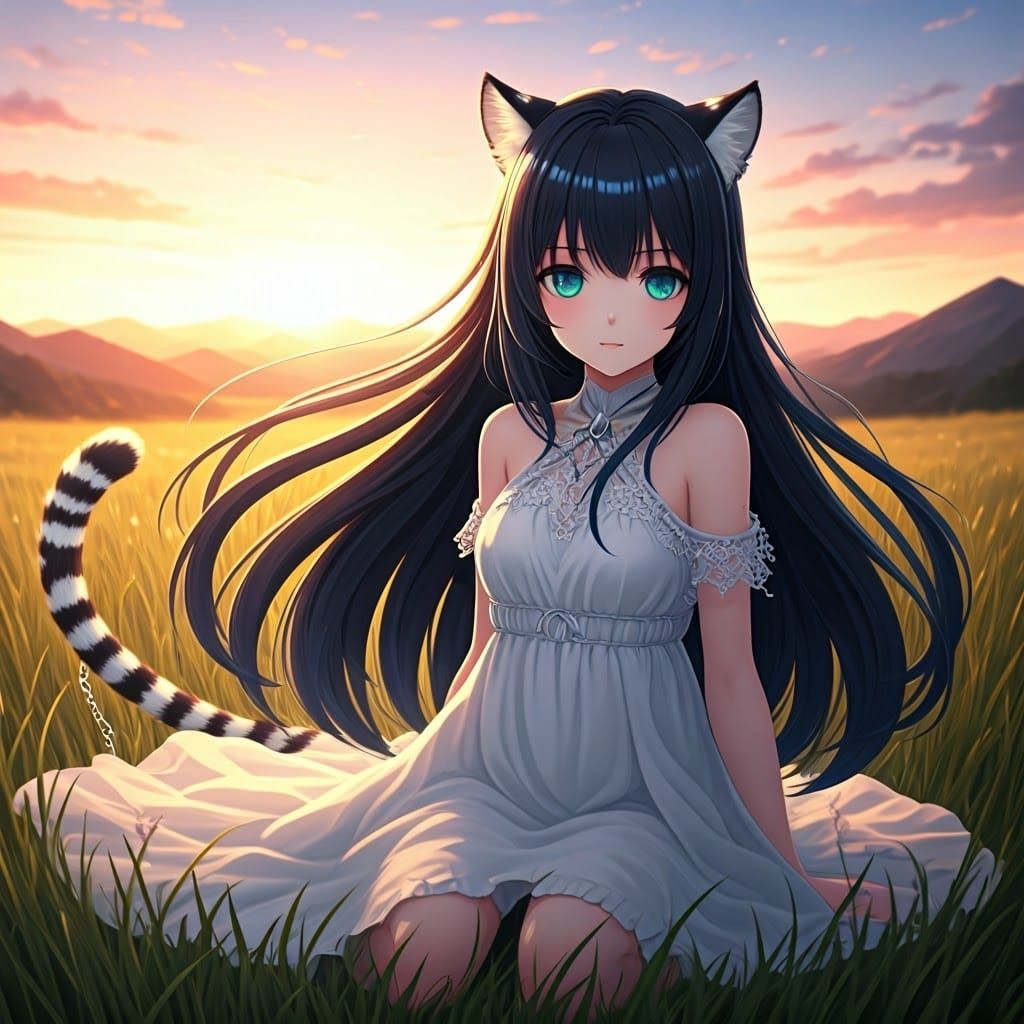 Sunset Meadow: Girl with Teal Eyes in Anime Style