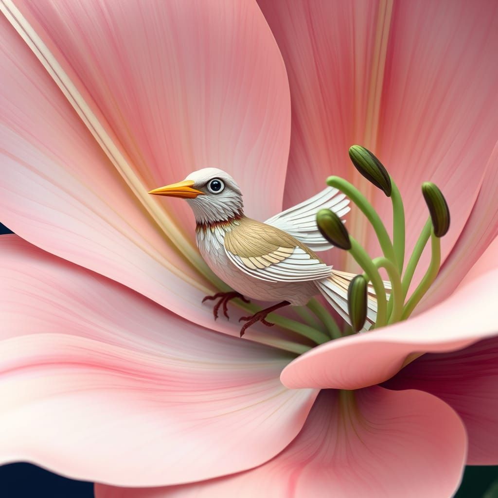 Surreal Quilled Bird in Soft Pastel Lily Petals, Inspired by...