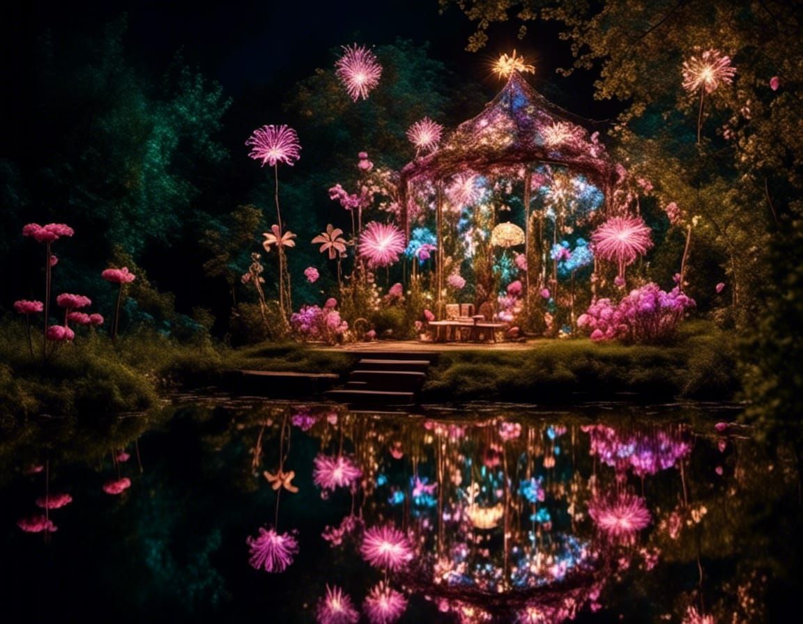 Enchanted Fairy Garden at Night with Fireworks