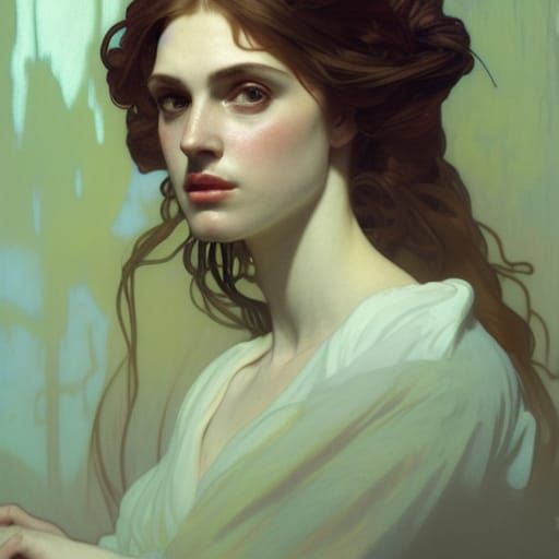 Ethereal Woman in White Dress: Pre-Raphaelite Portrait