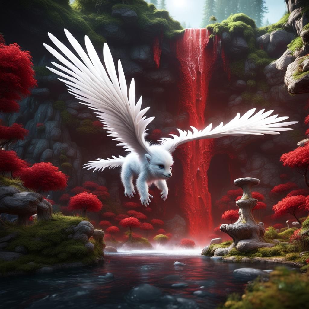 Fluffy Creature Drinks by Red Waterfall