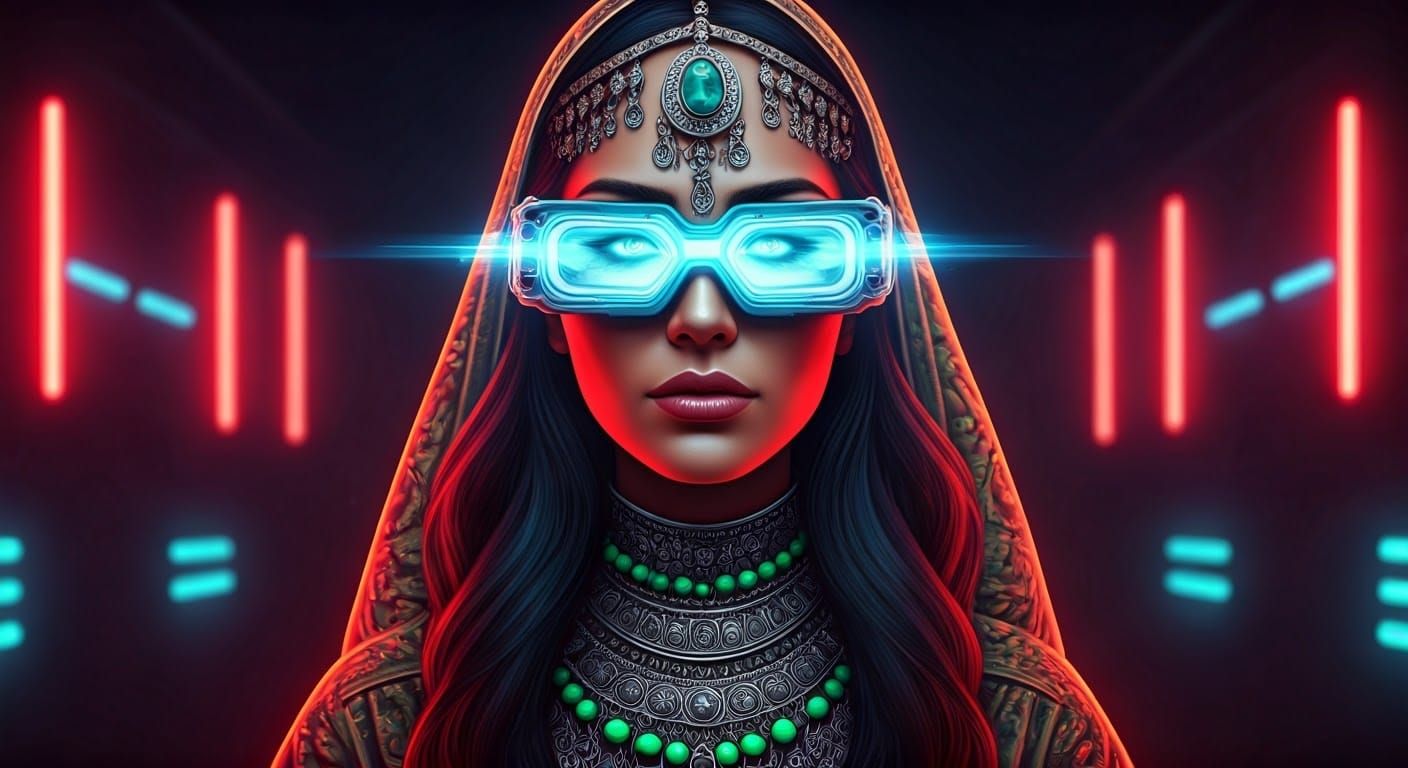 Confident Futuristic Goddess in Neon-Cyberpunk Dreamscape