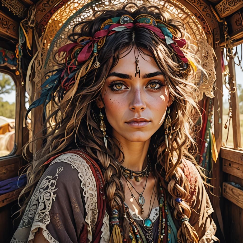 Bohemian Gypsy Girl Portrait in Cartoon Style