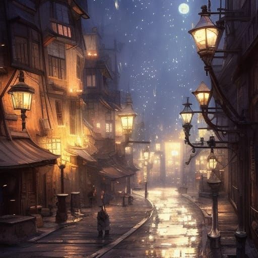 Nighttime Cobblestone Street with Shining Stars