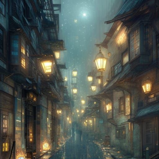 Nighttime Cobblestone Street Scene in Anime Style