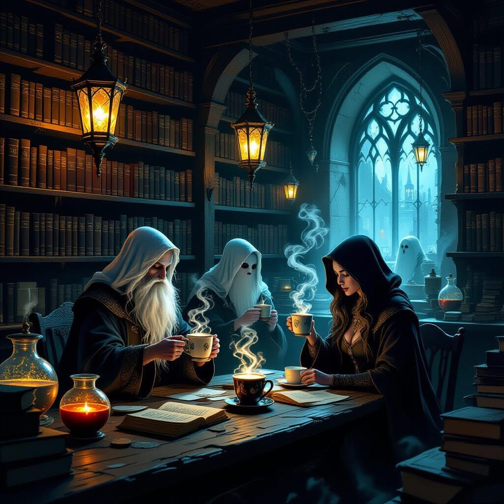 Enchanted Coffeehouse with Spellbooks and Ghostly Baristas