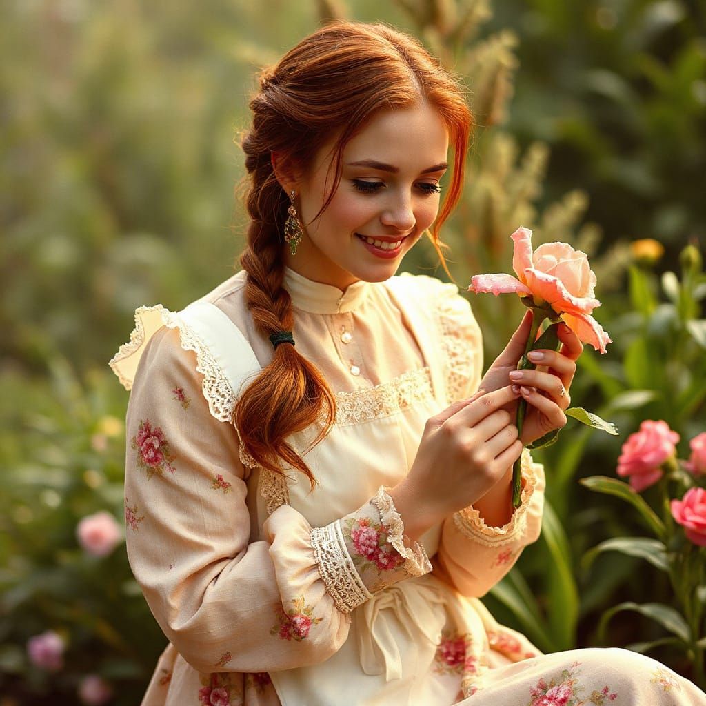 Serene Victorian Lady in Whimsical Garden Setting