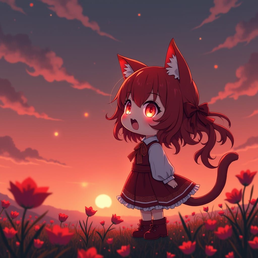 Chibi Anime Catgirl in Adorable Synthwave Aesthetic