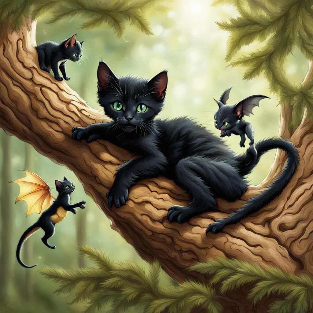 Kittens Play with Baby Dragon in Tree