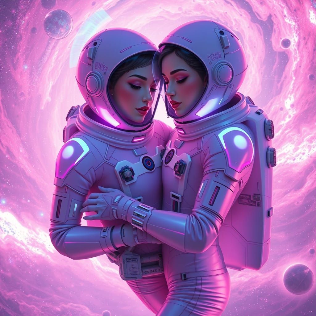 Cosmic Embrace: 2 Astronauts in Luminous Pink and Lavender S...