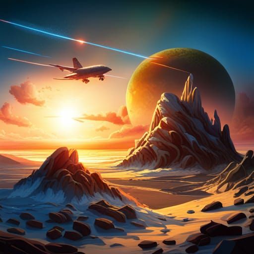 Beach Sunset with Missile Launch and Airplanes