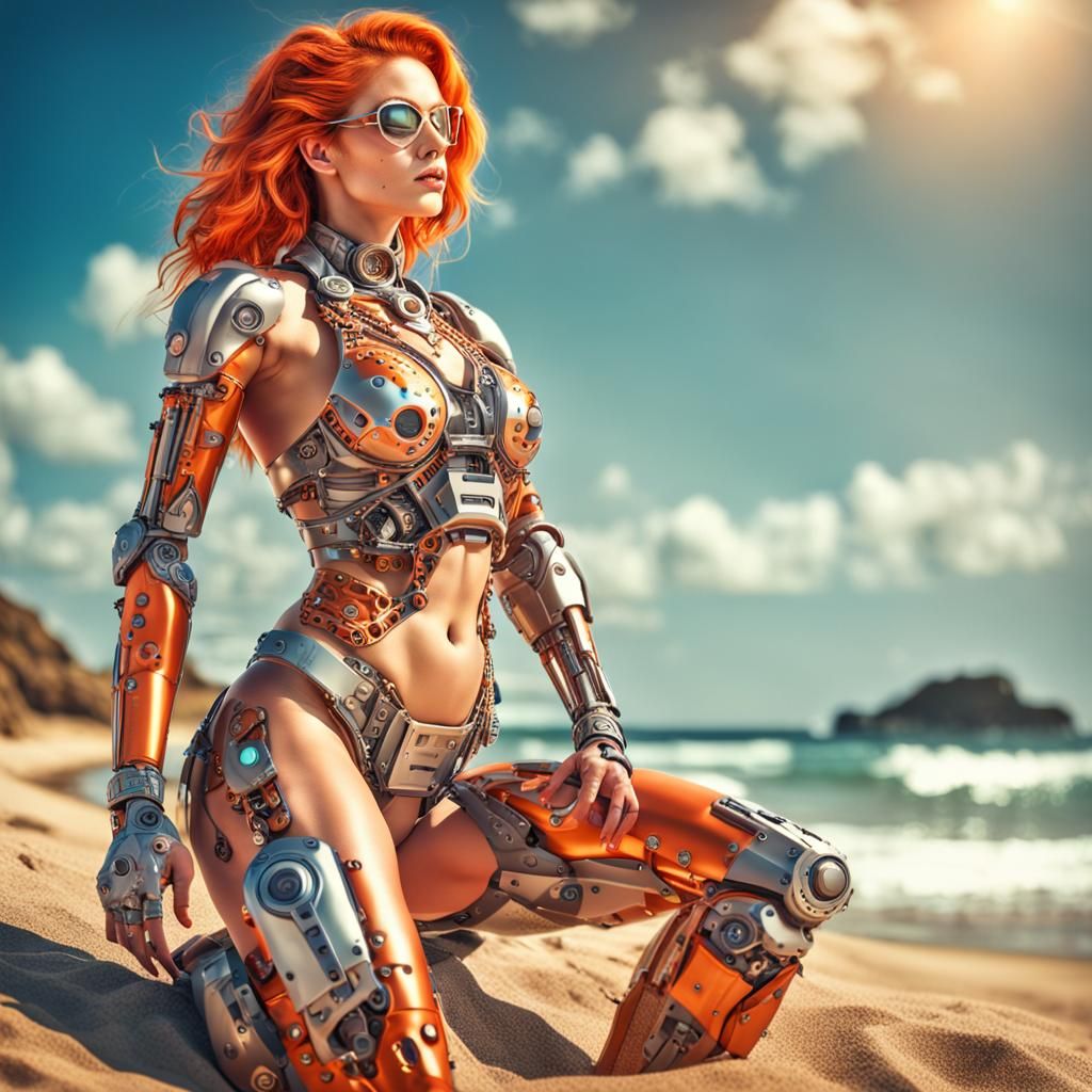 Cyborg Woman in Bikini on Beach, Hyperrealistic Digital Art