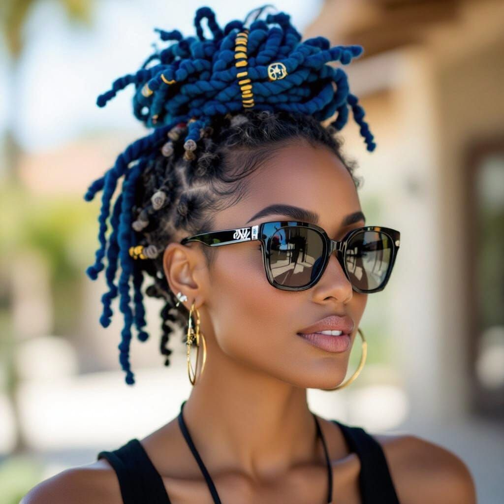 Stylish Woman Profile Portrait with Blue Dreadlocks and Glas...