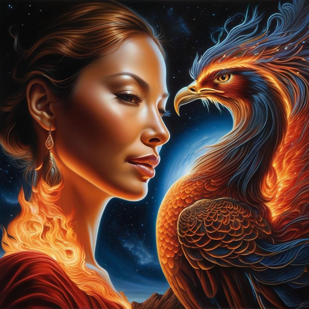 Phoenix Encounter at Night in Magical Realism Style