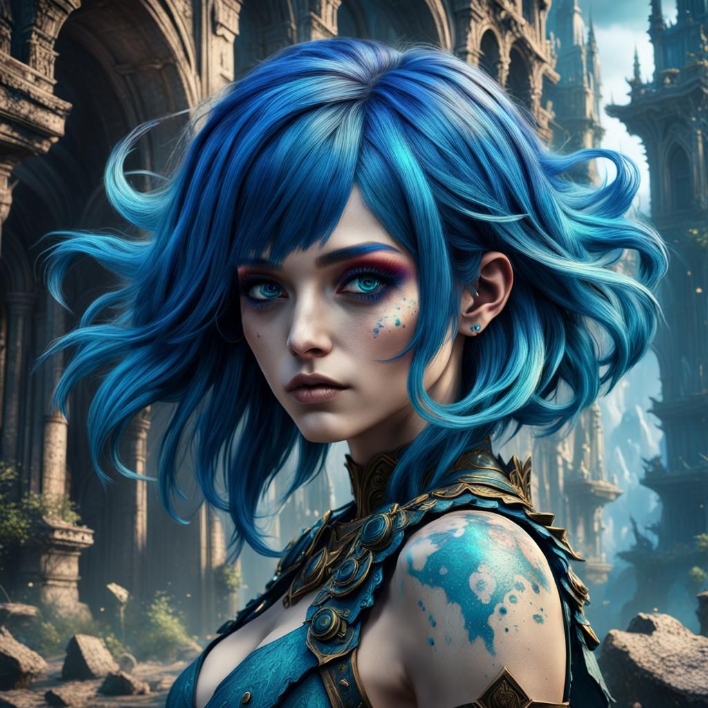 Blue-Haired Girl in Detailed Fantasy Art