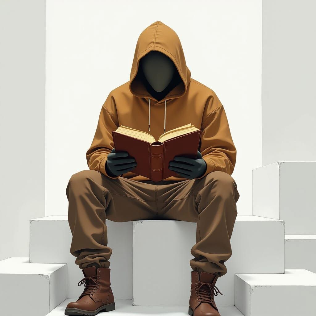 Faceless Reader on White Blocks in Minimalist Style