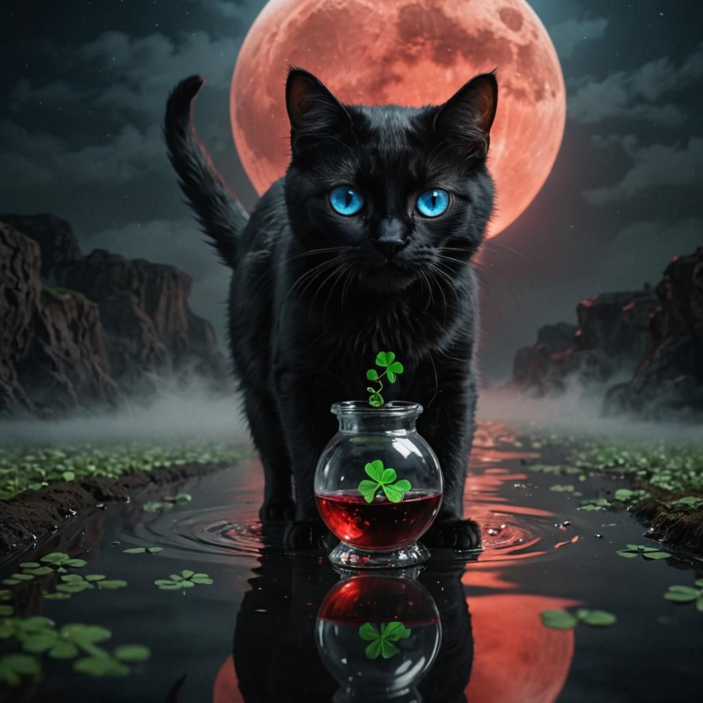 Adorable Black Cat with Clover and Red Moon