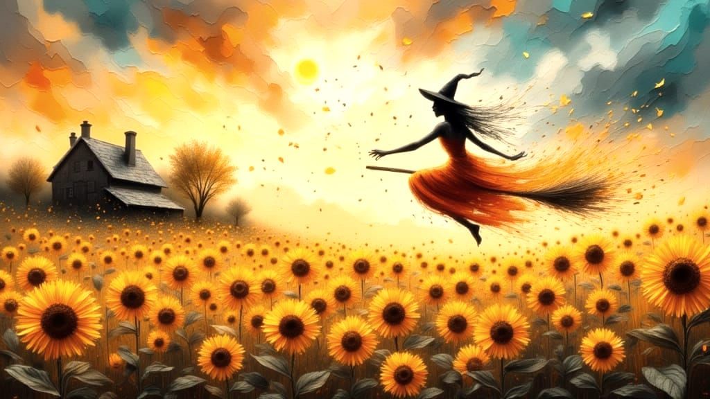 Harvest Witch Flying Over Sunlit Sunflower Field