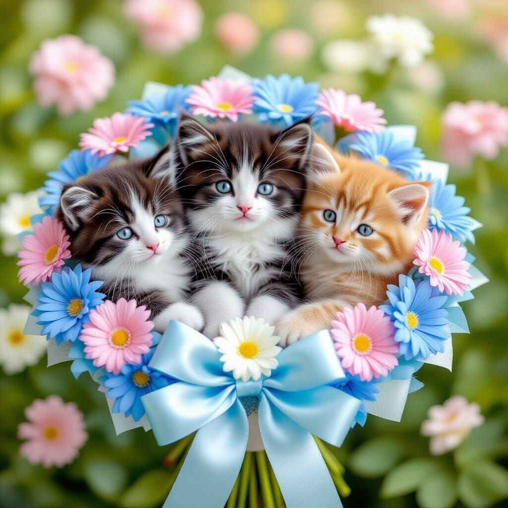 Adorable Kittens in Blue Floral Bouquet, Hyperrealistic Spla...