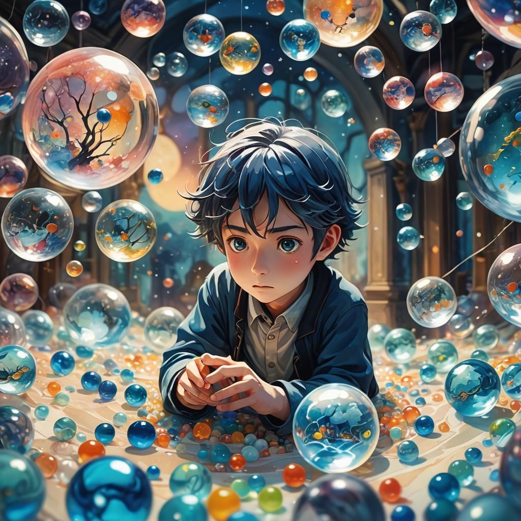 Surreal Anime Figure Observes Miniature Marble Worlds