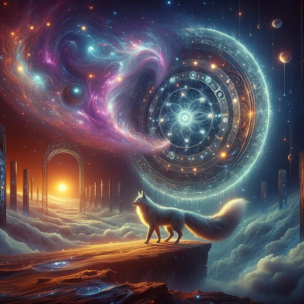 Giant Cosmic Fox Stands Before Ancient Celestial Gate