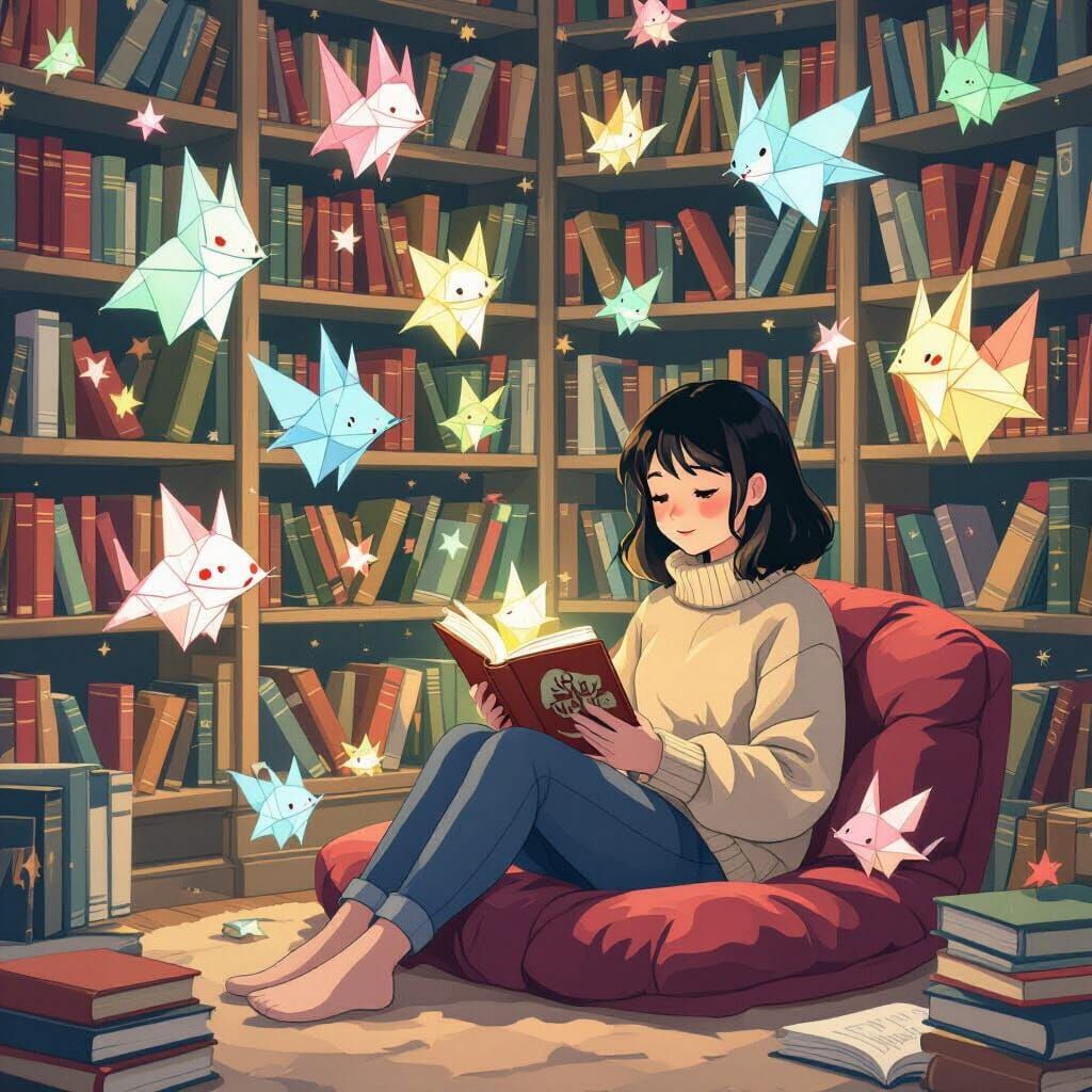 A floating library where books transform into glowing origam...