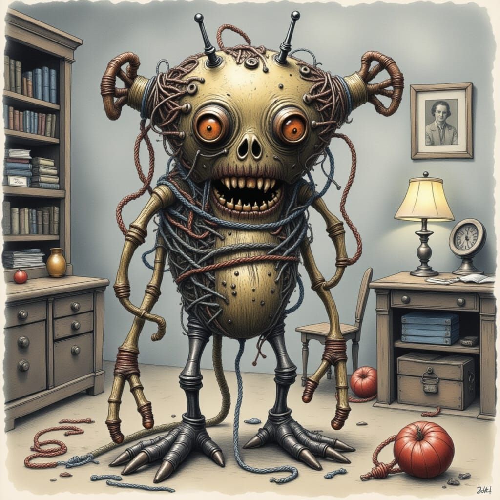 Nightmarish Yarn Monsters in a Surreal Scene