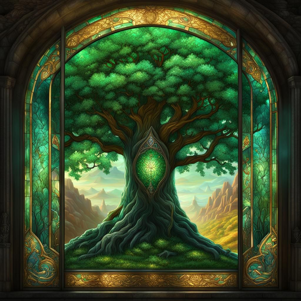 Cosmic Tree of Life Stained Glass Window